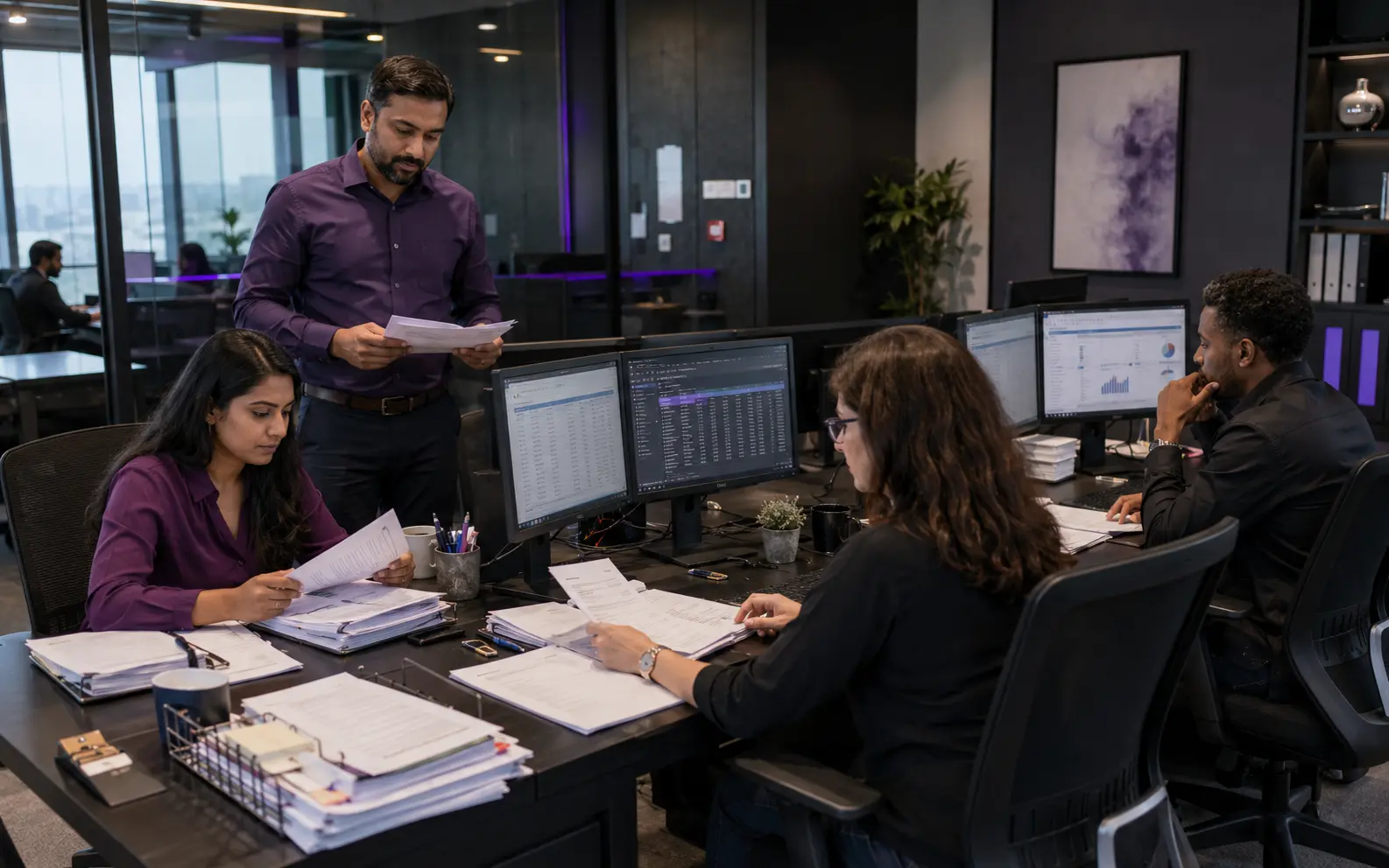 Professional business operations team reviewing back-office workflows