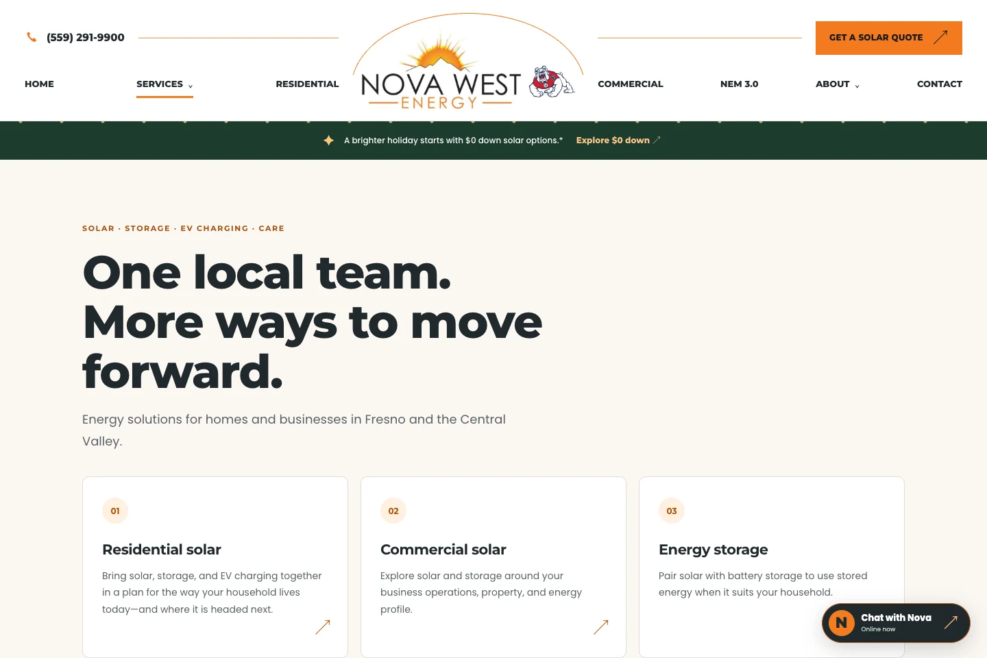 Nova West Energy's service page presenting solar, storage and EV charging options